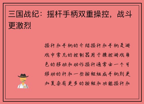 三国战纪：摇杆手柄双重操控，战斗更激烈